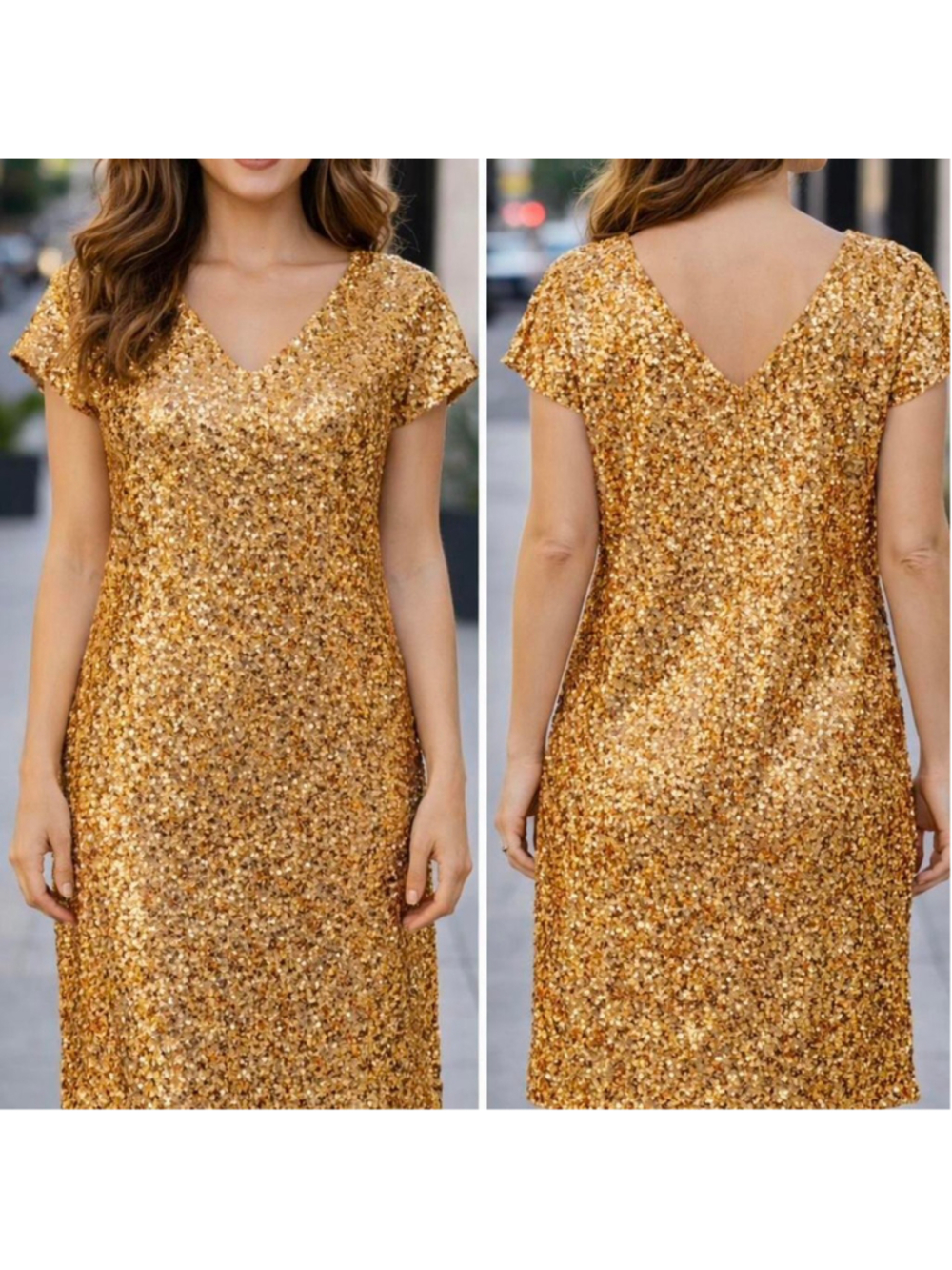 Gold sequin maxi dress with V-neckline and cap sleeves